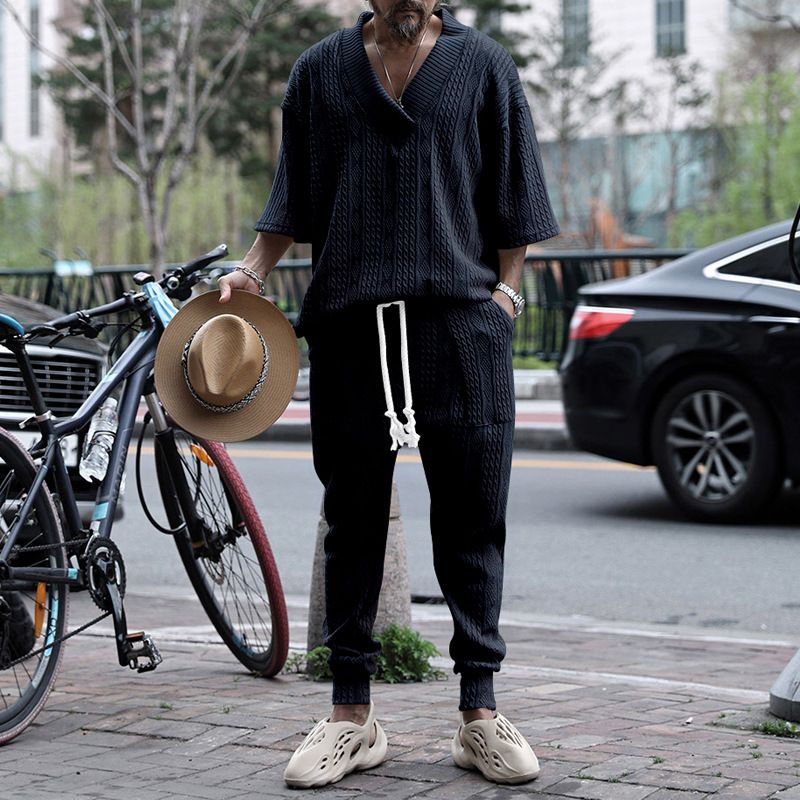 2023 Nuovo set da uomo casual e ampio con camicia e pantaloni lunghi in maglia jacquard a maniche a sette quarti_voghion.com