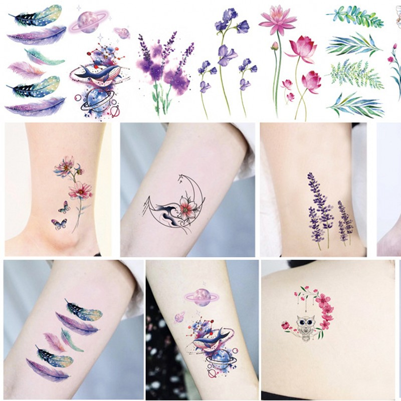 Petits autocollants de tatouage frais, Style léger moderne et Simple, plume de lavande, faux autocollant imperméable, Art corporel_voghion.com