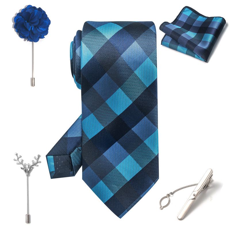 Set da uomo alla moda in tinta unita a righe con anacardi, confezione regalo da 6 pezzi, set con corsetto con fermacravatta e sciarpa quadrata_voghion.com