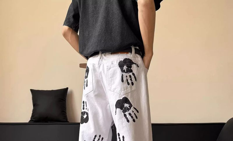Palm Print Flared Jeans Men's Summer New Style Hiphop American Street Style Hip Hop Loose Slim Long Pants_voghion.com