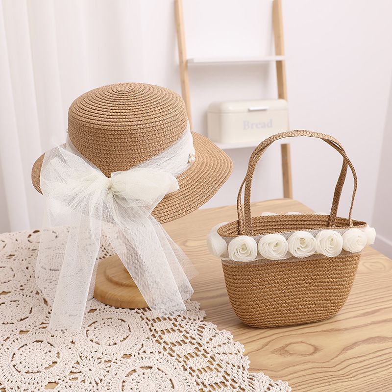 Kleine frische Kinderspitze Perlenband Strohtasche Sommer Neues Produkt Unsterblicher Qi Eltern-Kind-Sonnenschirm Big Eaf Flat_voghion.com