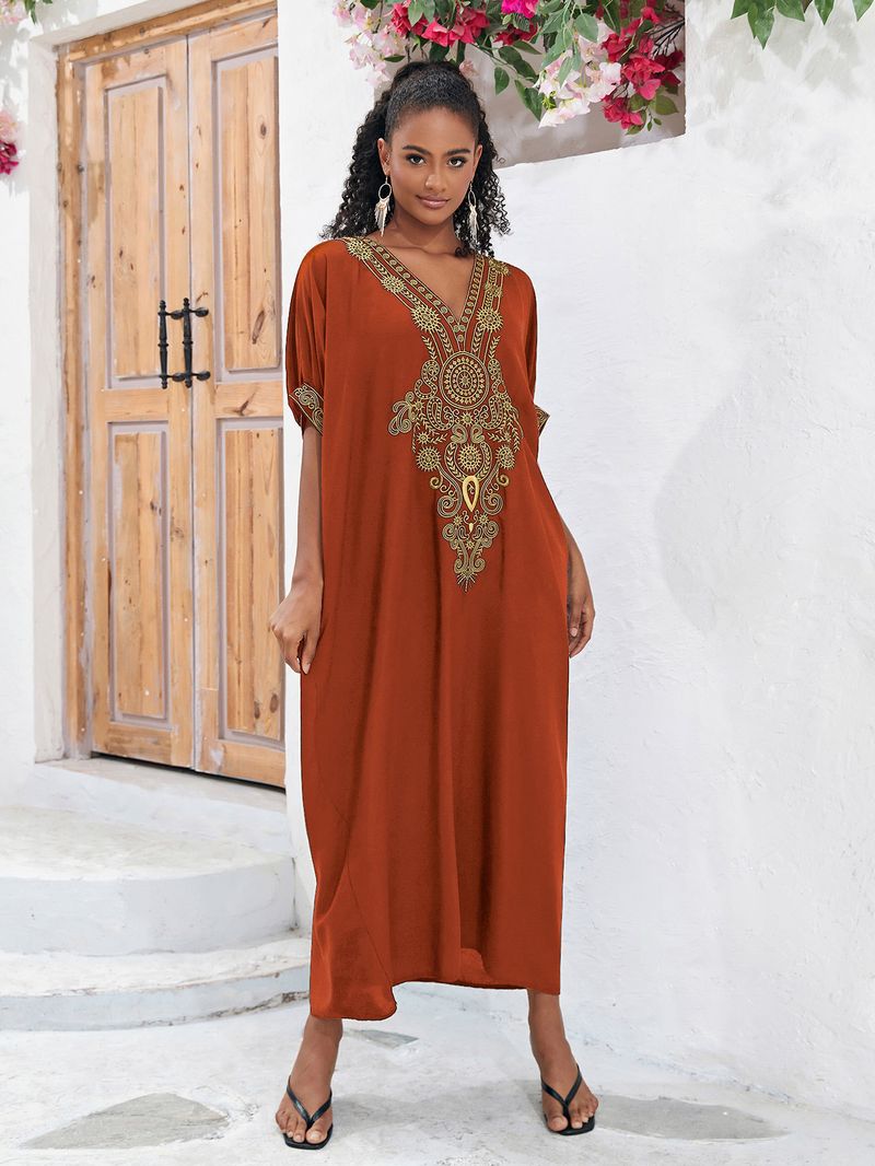 Maxikleid aus Baumwolle mit Stickerei, Strand-Überwurf-Tunika mit Blumenmuster – leicht und fließend für Damen_voghion.com