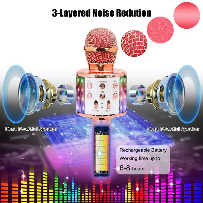 Belaidis karaoke mikrofonas „Bluetooth“ nešiojamas garsiakalbis namams KTV grotuvas su šokančiomis LED lemputėmis, įrašymo funkcija vaikams_voghion.com