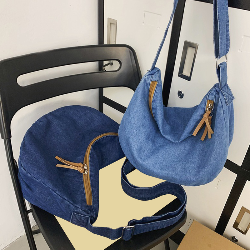 Lihanbao Stylish Messenger Bag Denim Crossbody Bag Casual Canvas Tote Large Capacity Adjustable Strap Zip Closure Student Satchel For Women -Dark Blue_voghion.com