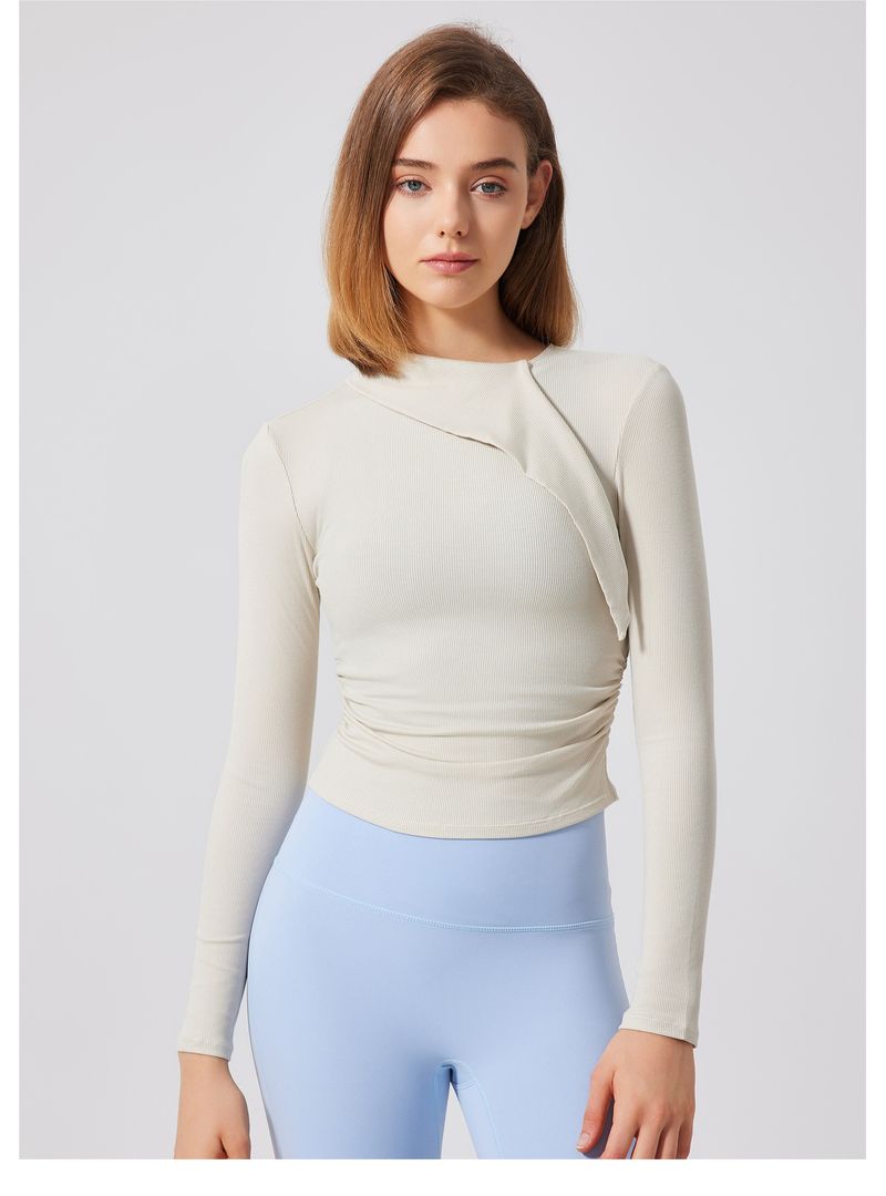 Maglia da yoga a collo alto a coste autunno-inverno, maglia sportiva aderente a maniche lunghe da donna, maglietta da corsa, allenamento e_voghion.com
