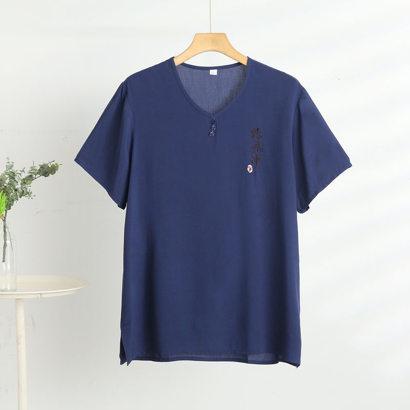 Männer V-Ausschnëtt Knäppercher Kuerzärmlech Basishemd, Kotteng Seid Gestickt Iwwergrousst Loose T-Shirt, Summer Casual Schlitz Männer_voghion.com