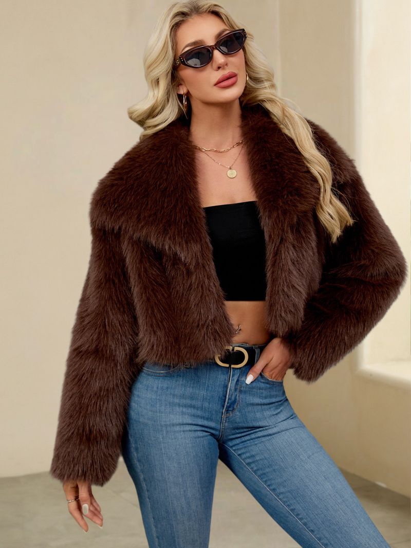 Giacca da donna con collo in pelliccia sintetica – Cappotto corto in peluche con revers alto | Lussuosa e calda (S-XXXL)_voghion.com