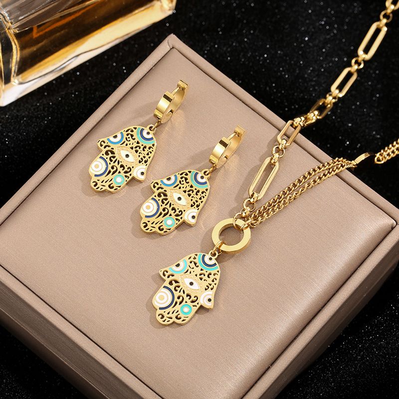 Collezione Mystic Eye - Set di gioielli con ciondolo a forma di palma dipinta in stile europeo e americano, in acciaio al titanio_voghion.com