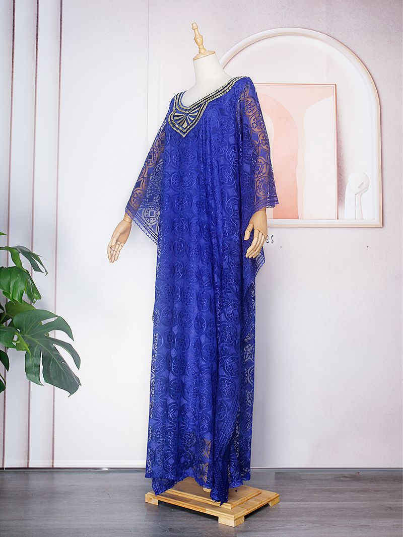 Roupas femininas bordado renda solta manga morcego vestido robe três peças colete com lenço na cabeça_voghion.com
