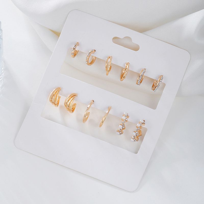 Metal Love Square Geometric Tassel Earrings Combination Set Of Retro Pearl Diamond C Shaped Earrings_voghion.com
