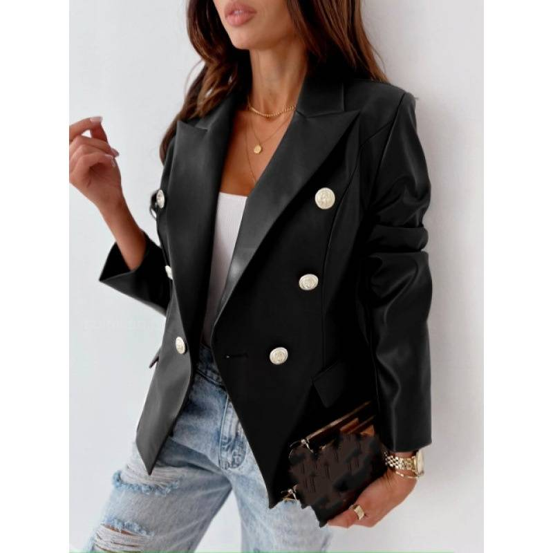 Giacca piccola da donna, stile nuovo, alla moda, a maniche lunghe, doppiopetto, in similpelle_voghion.com