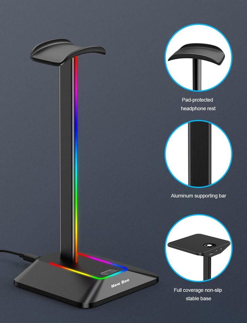 Headsetholder med 1 USB-C-opladningsport og 1 USB-opladningsport, headsetstativ til gaming med 7 lystilstande, velegnet til alt tilbehør til høretelefoner_voghion.com