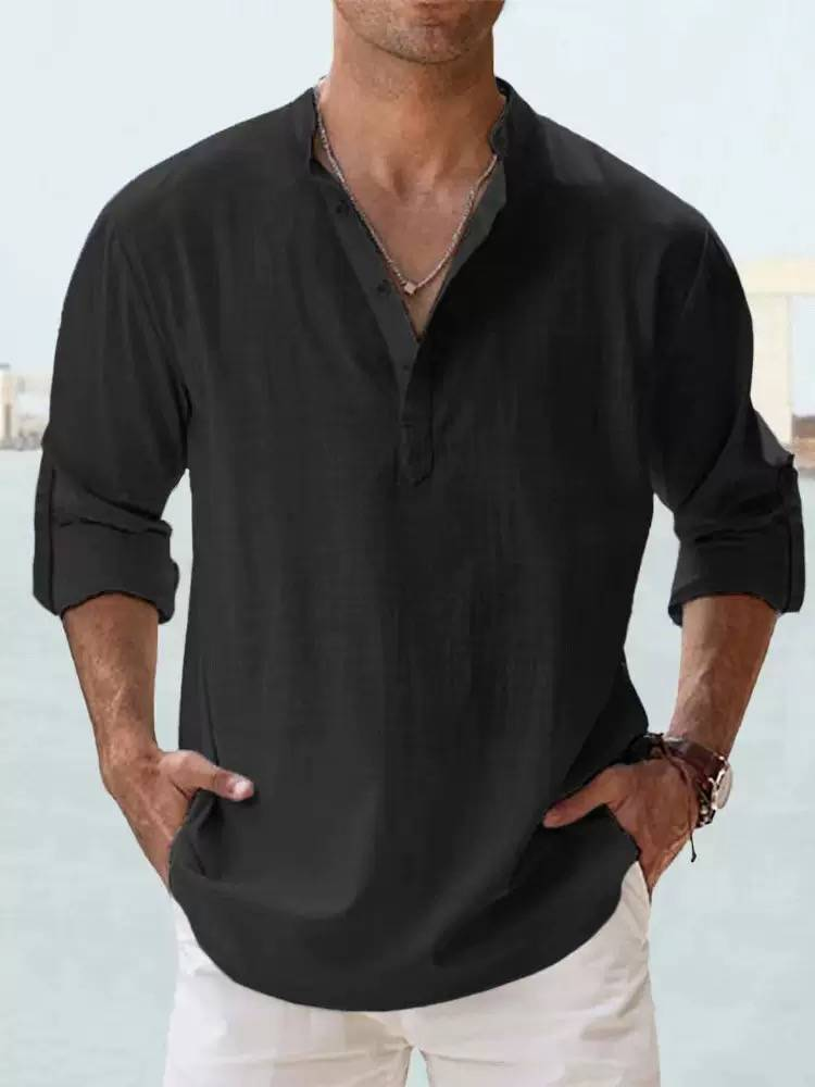 2025 Men's Linen Stand Collar Long-sleeved T-shirt, Loose-fitting Undershirt, Pure Color Long-sleeved Shirt_voghion.com