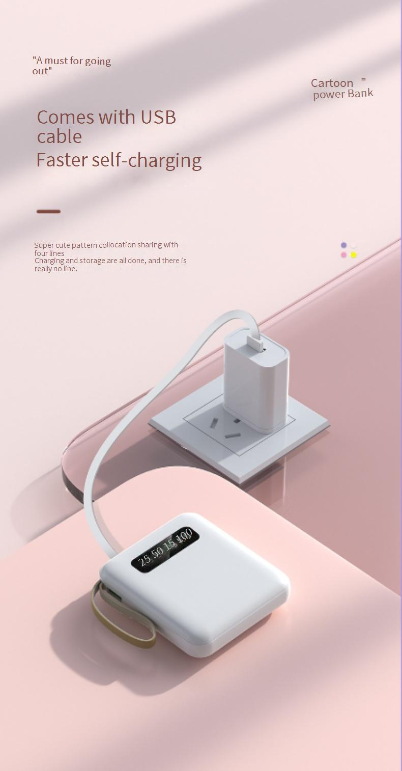 Dahili Kablolu, Hızlı Şarjlı, Yüksek Kapasiteli Harici Pil Paketine Sahip 20000mAh Taşınabilir Güç Bankası (Beyaz/Siyah/Pembe/Mor/Ayna Seçenekleri)_voghion.com