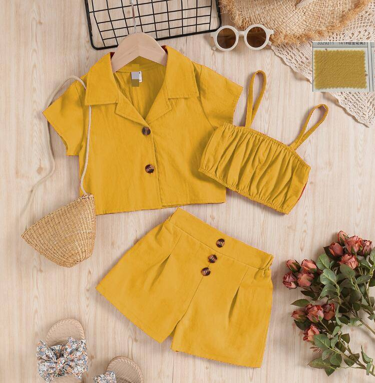 Completo elegante a maniche corte da bambina, 3 pezzi: canotta in cotone lavato + camicia con colletto e pantaloncini (90-130 cm, rosso papavero/giallo girasole)_voghion.com
