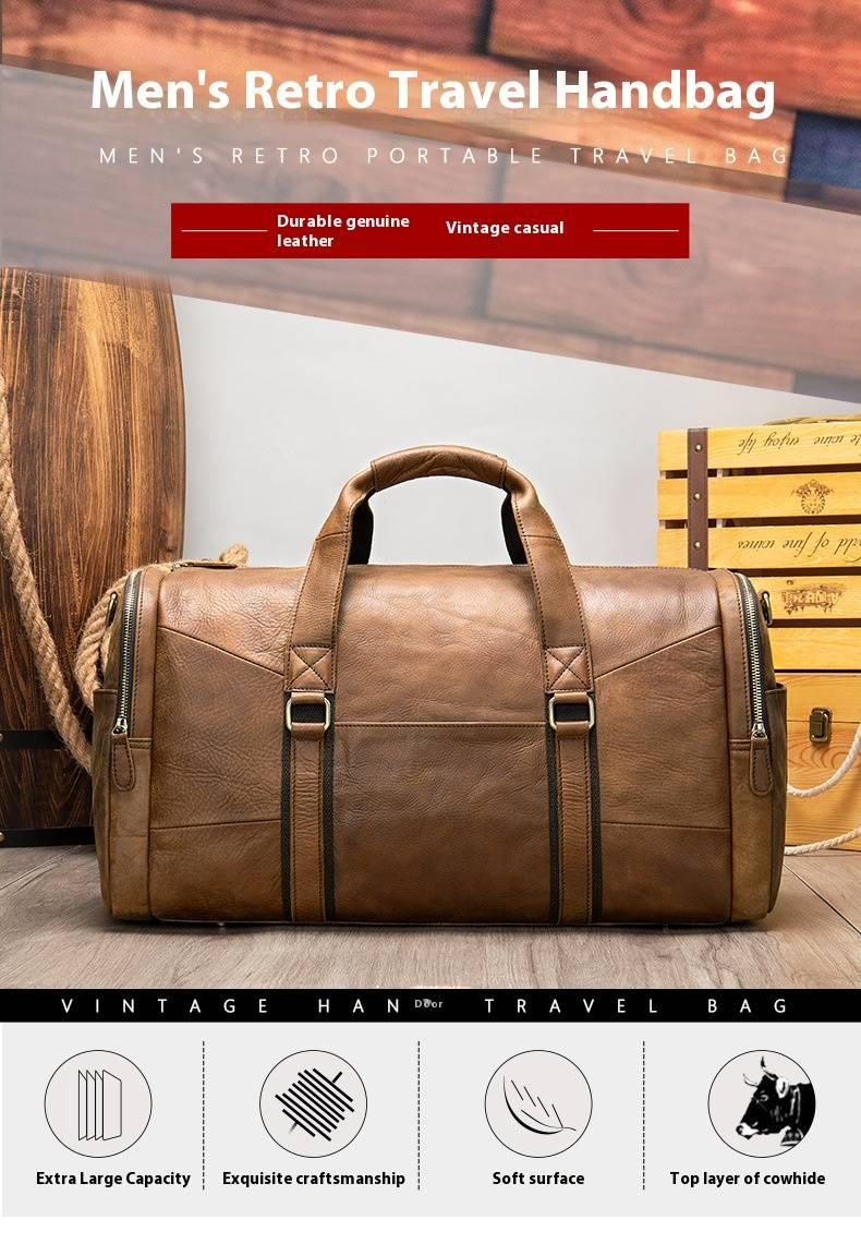 Men's Vintage Leather Travel Duffle Bag - Large Capacity 20-35L, Durable Genuine Leather, Classic Brown & Black For Gym, Outdoor & Business Trips_voghion.com