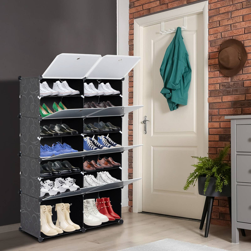 Étagère à chaussures portable à 7 niveaux, 28 paires, 14 compartiments, extensible, pour talons, bottes, pantoufles, noir_voghion.com
