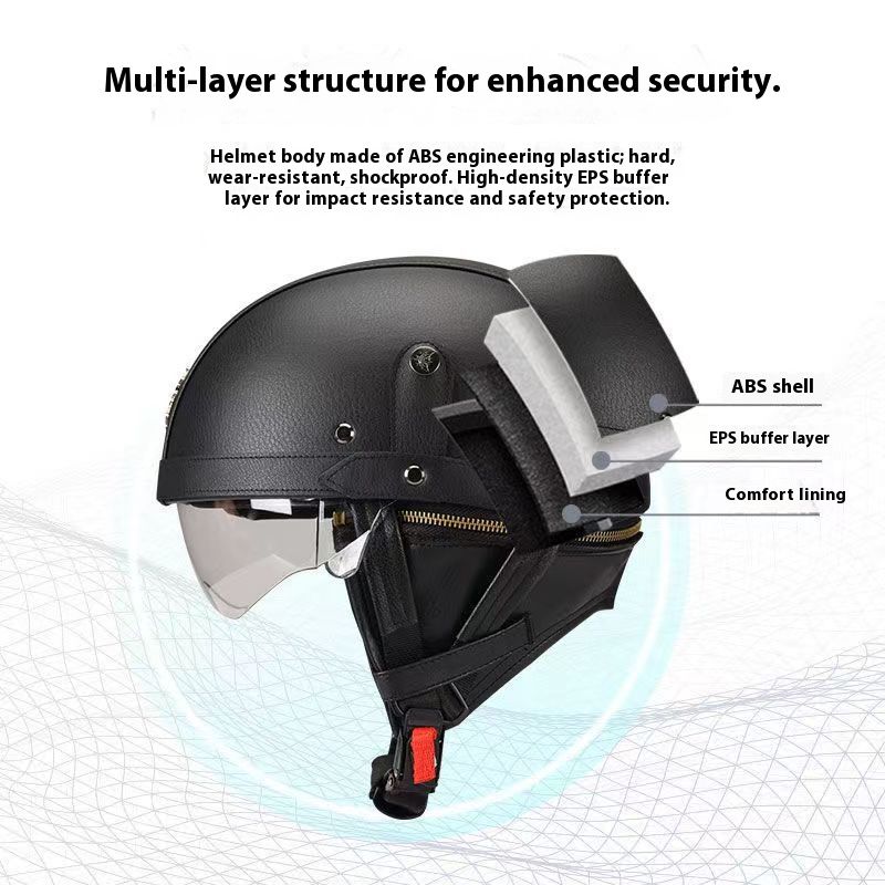 3C Certified Motorcycle Half Helmet – Retro Cruiser ABS Shell With Interchangeable Lenses (Black/White/Brown/Pink) – Handcrafted Leather_voghion.com
