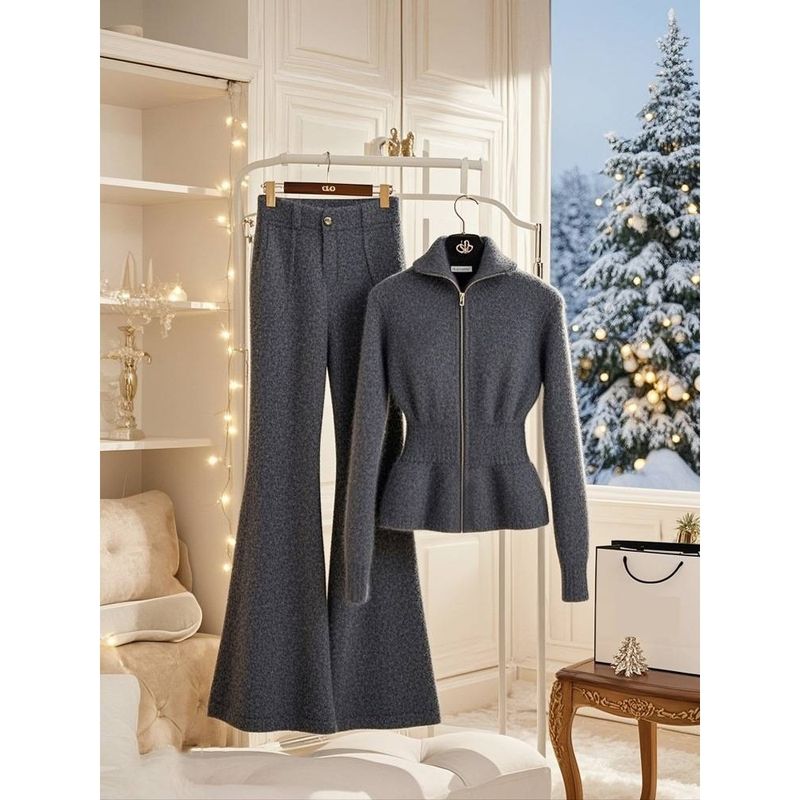 Ensemble complet de vêtements d'hiver pour femme : élégant cardigan en tricot gris foncé et pantalon large, costume chic et jeune pour femme._voghion.com