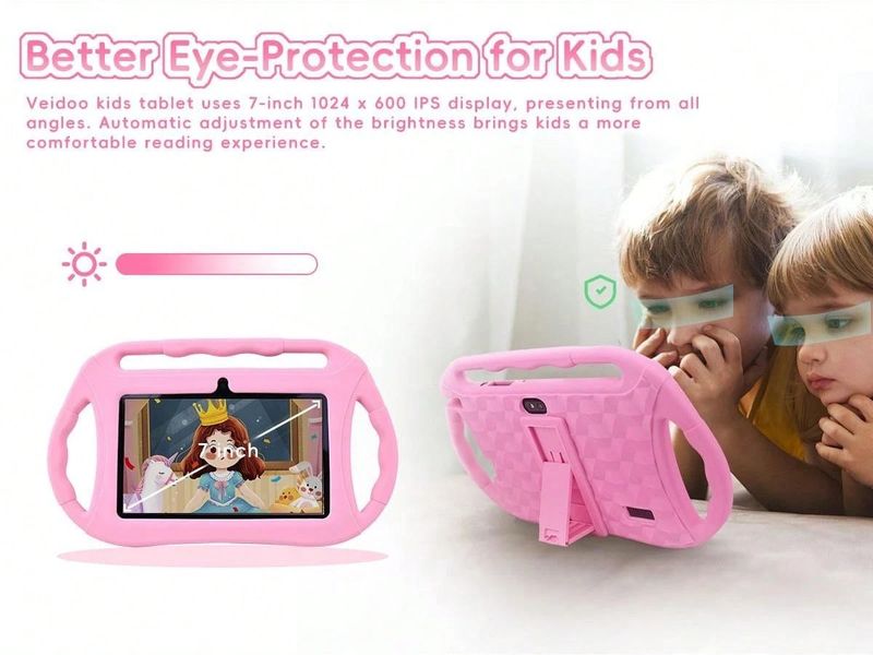 7 Inch Kids Tablet With Shockproof Case, MTK Quad-Core 1.5GHz, 16GB Storage, Android OS – Preloaded Educational Apps, Dual Camera, Bluetooth_voghion.com