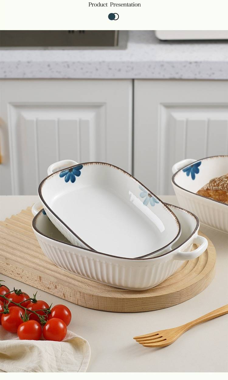 Ceramic Baking Dish With Ink Floral Pattern – 9.5" Double-Handled Soup Bowl, Microwave & Oven Safe_voghion.com