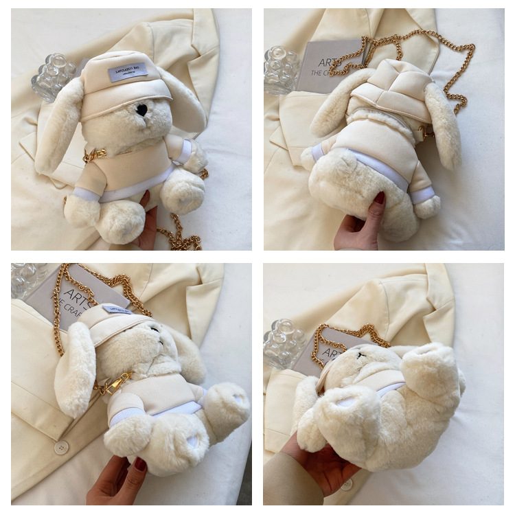 Simpatica borsa per bambole in peluche con orecchie di coniglio per donna 2024 Borsa a tracolla con catena in peluche versatile autunno/inverno in peluche di nuova tendenza_voghion.com
