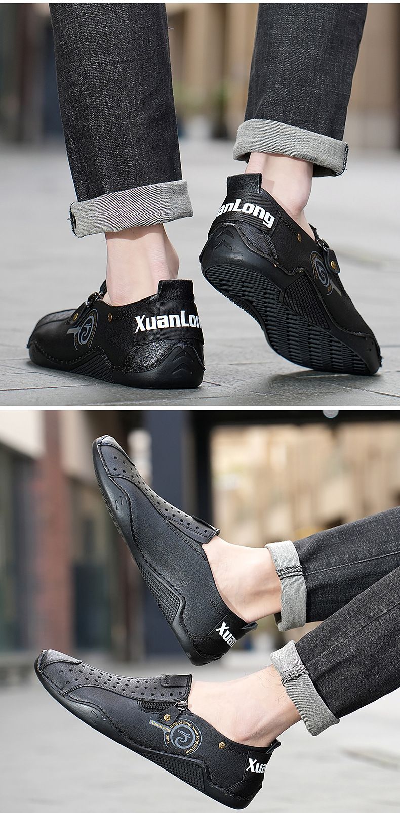 Spring and summer 2024 new oversized perforated breathable casual bean shoes, zipper men's shoes_voghion.com