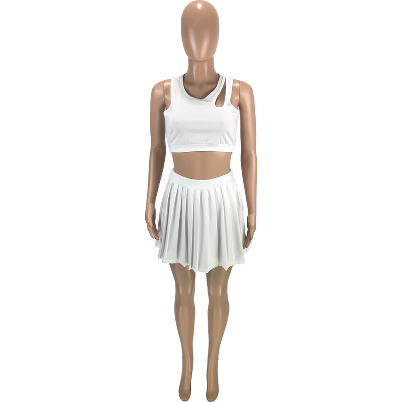 Ensemble deux pièces pour femmes, mode décontractée, sexy, couleur unie, taille nue, creux, pliable, gilet ample, jupe_voghion.com