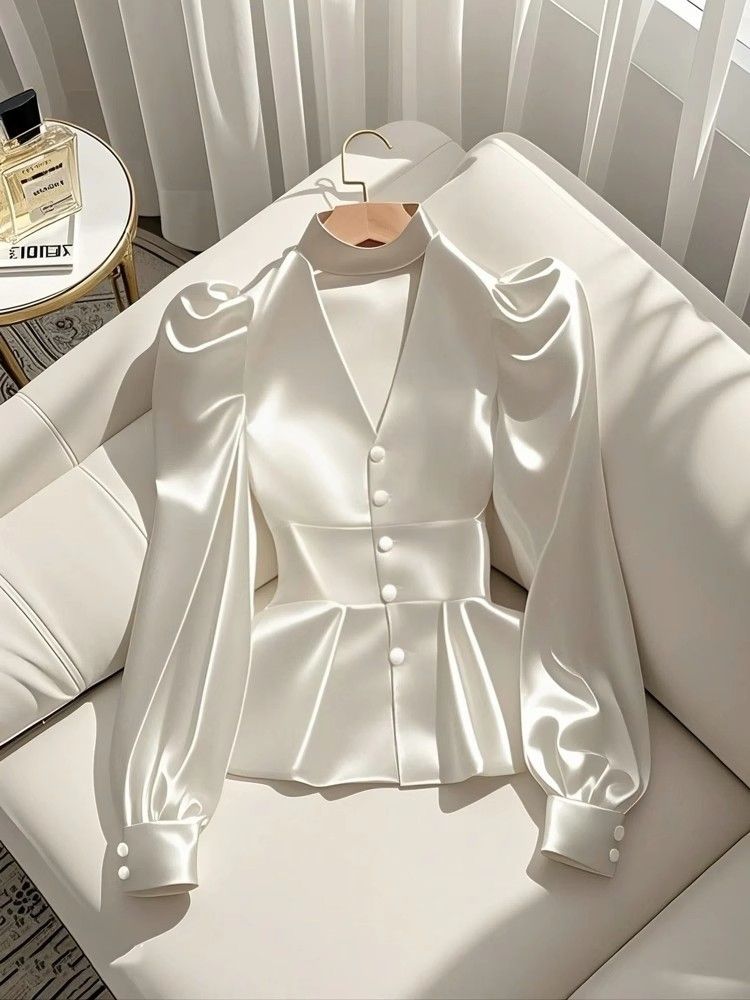 Abbigliamento da donna Camicia piccola High End Sense Light Luxury Age Riducente Vita Camicia bianca in raso a maniche lunghe_voghion.com