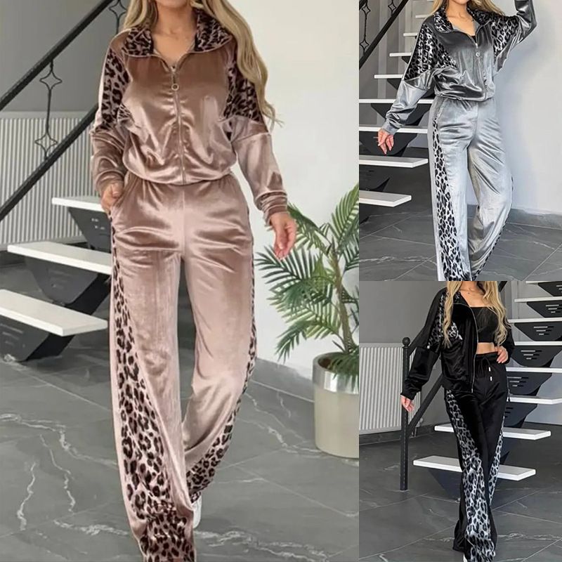Dameskleding Luipaardprint Contrastbroek Lange mouwen Thuiskleding Pak_voghion.com