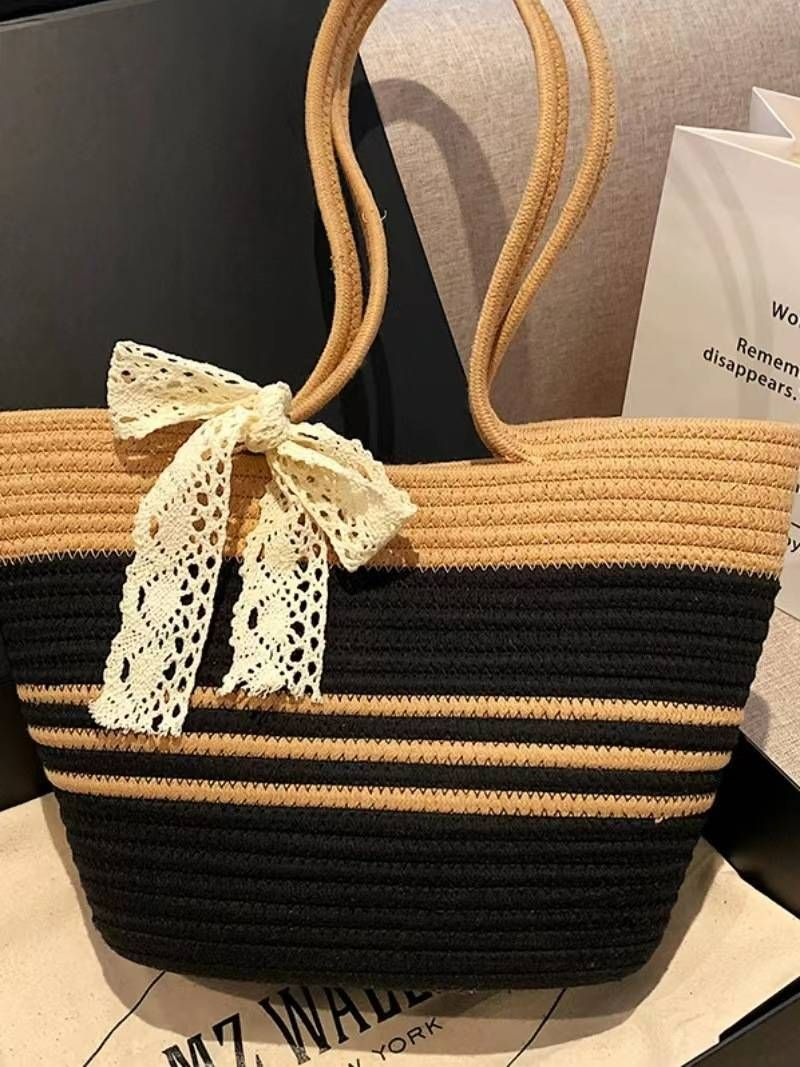 Designermode, große Kapazität, gewebte Tasche, Umhängetasche, tragbarer Spitzenstrohbeutel aus Baumwollfaden, farblich_voghion.com