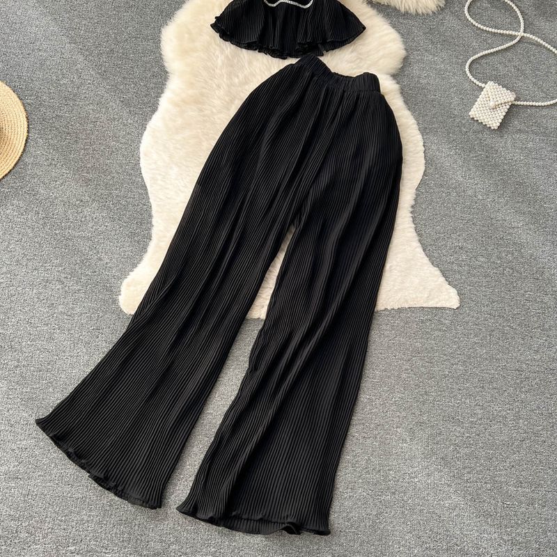 Abito da donna alla moda per donna: gilet pieghettato con scollo all'americana tempestato di diamanti + pantaloni casual a gamba larga a vita alta abito a due pezzi_voghion.com