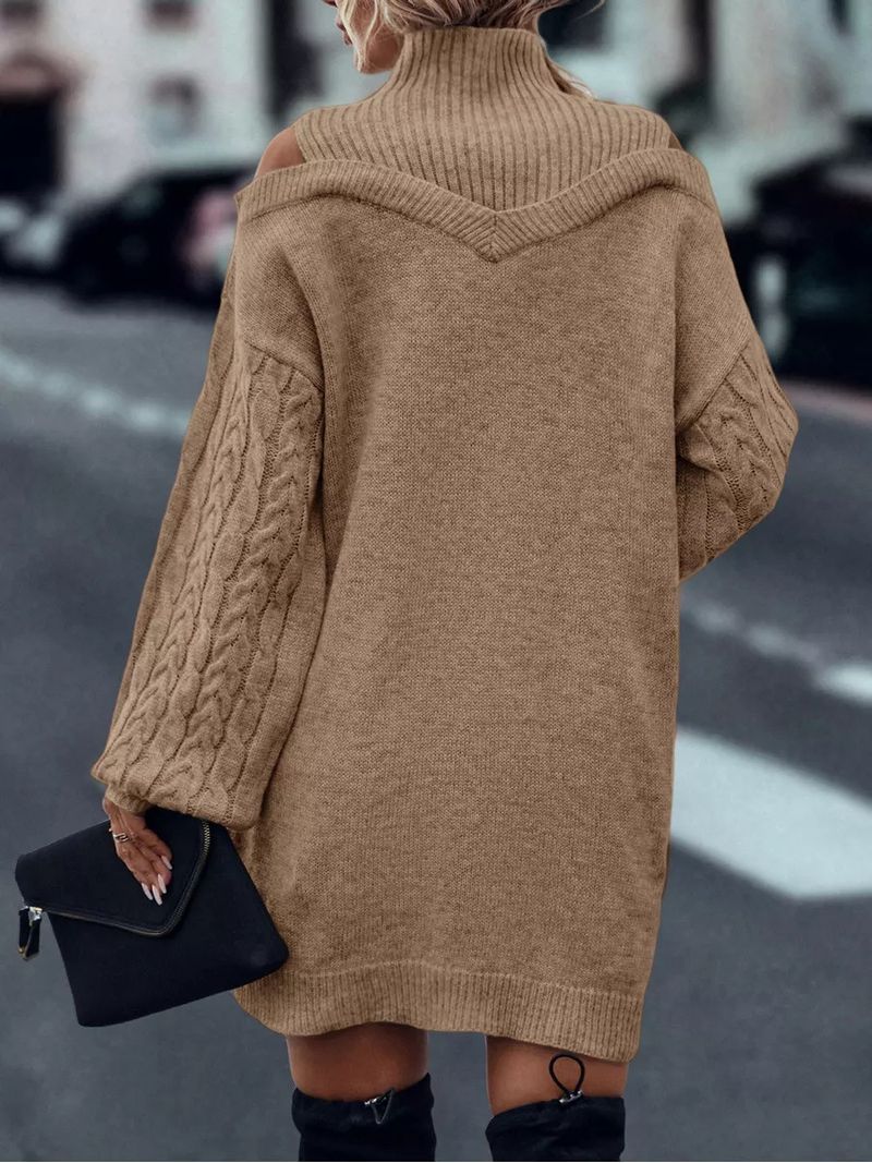 Oversize-Pulloverkleid aus grobem Strick – Halbrollkragenkleid mit Schulterdetail und langen Ärmeln_voghion.com