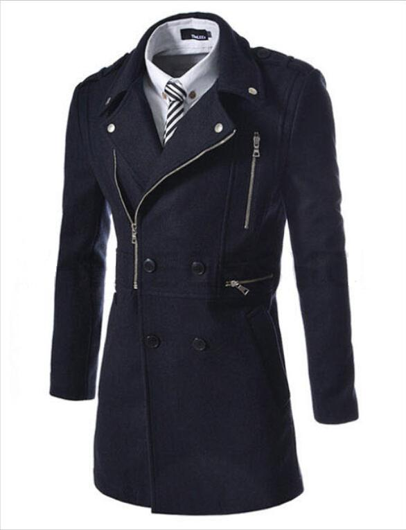 Winter neuer mittellanger, schmal geschnittener Windbreaker-Wollmantel für Herren im koreanischen Stil mit mehreren Reißverschlüssen_voghion.com