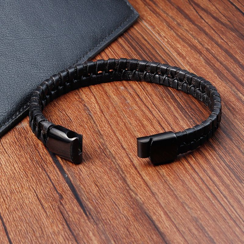 Bracciale da uomo in pelle nera con corda in pelle di vacchetta, bracciale da uomo in acciaio inossidabile intrecciato a mano in vera pelle multistrato_voghion.com