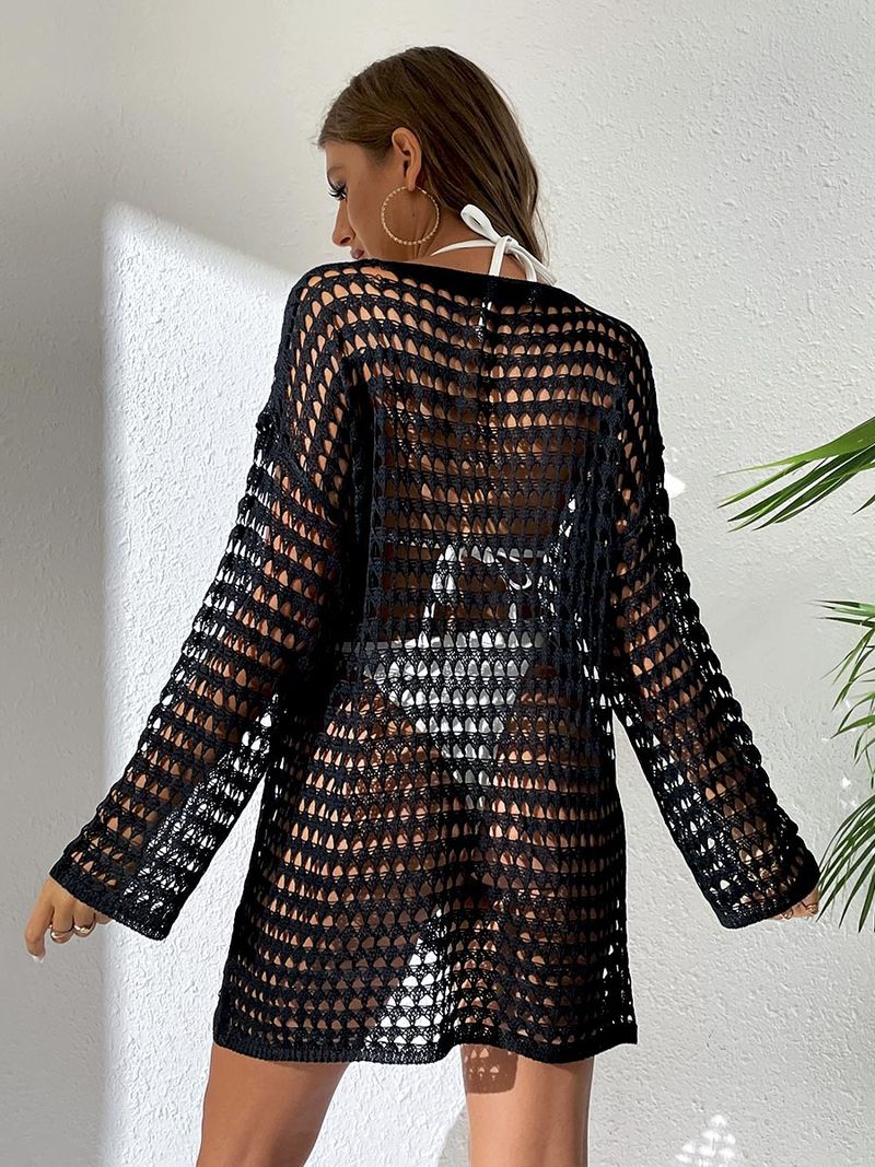 Damenbekleidung Sexy Strickpullover mit Hohlsaum, Rundhalsausschnitt, langärmelig, Bikini-Badeanzugbluse_voghion.com