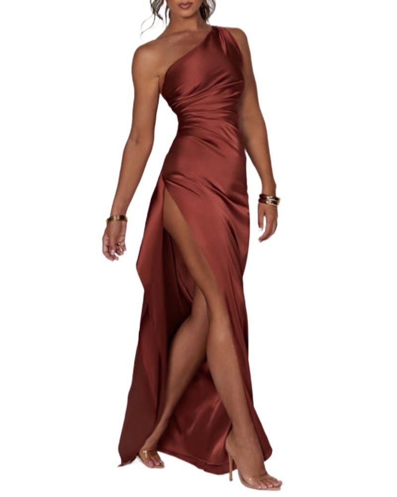 Robe en satin à fente sur les épaules sexy et slim pour femme_voghion.com