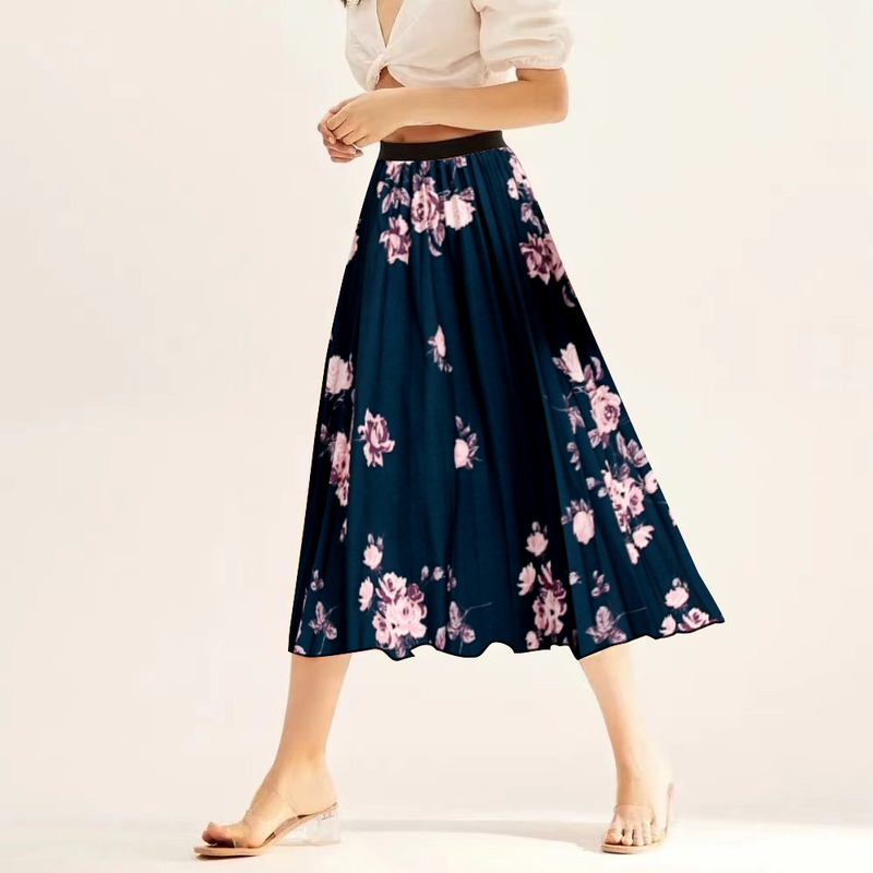Neuer elastischer, plissierter, modischer Halbrock mit bedrucktem Blumenmuster für mittellangen A-Linien-Rock für Damen_voghion.com