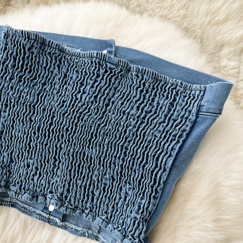 Kvinders jakkesæt i retro-feriestil i Hong Kong-stil sexet kort rørtop + højtaljet split denim-nederdel i todelt jakkesæt_voghion.com
