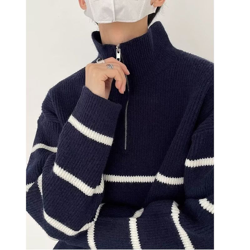 Maglione da uomo in maglia a trecce con mezza zip - Pullover a collo alto dalla vestibilità comoda per un abbigliamento casual invernale_voghion.com