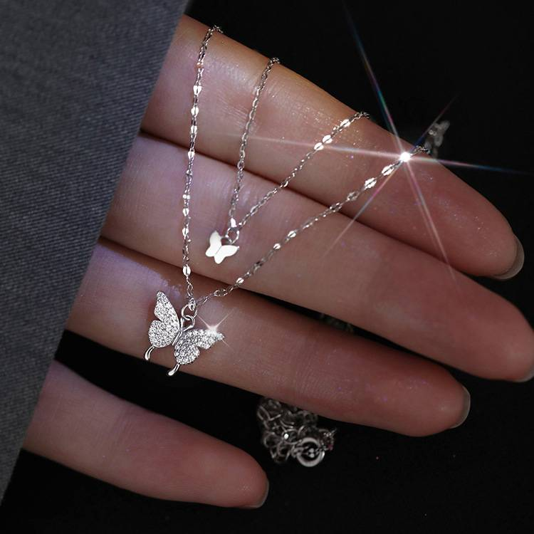 Colier din argint sterlin S999 cu fluture în strat dublu, nișă feminină, stil rece, lanț de claviculă stivuit din argint sterlin 520 pentru prietenă_voghion.com