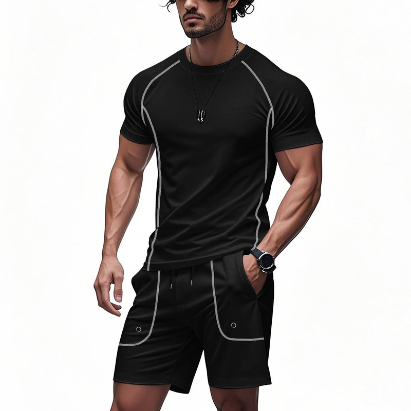 New Summer Men Running Fitness Tights Set Training Short Sleeve Shorts Set_voghion.com