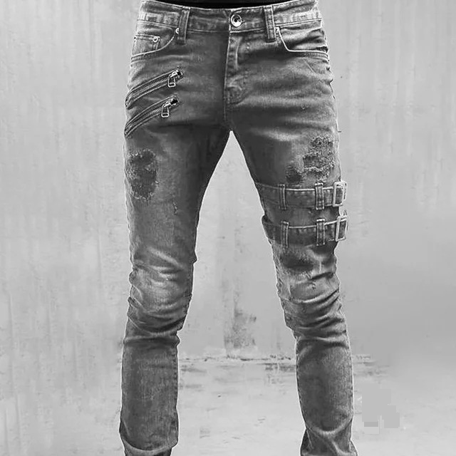 Men's Solid Color Slim Fit Ripped Jeans_voghion.com