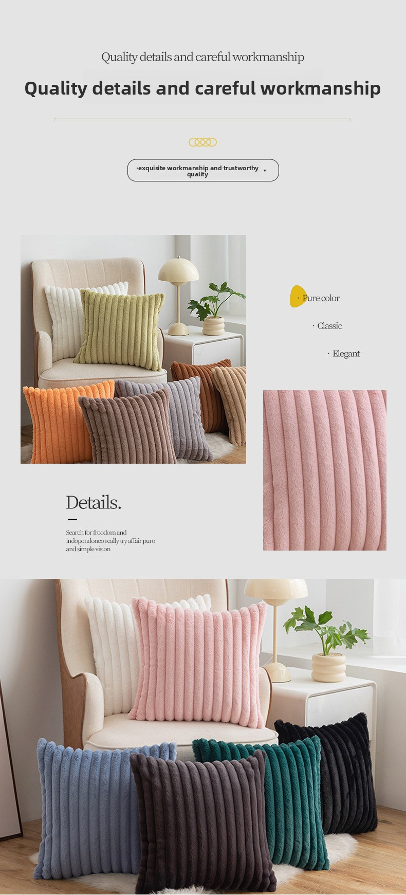 Luxury Faux Fur Throw Pillow – Soft Striped Cushion Cover With Insert For Sofa & Bed – Minimalist Solid Color Home Decor (45x45cm)_voghion.com