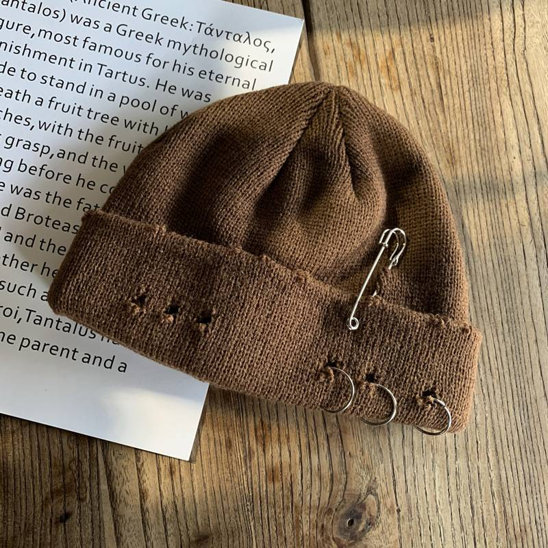 Women's Hats Ring Pin Hip Hop Wool Hat Autumn And Winter Couple Net Celebrity Fashionable Hole Hat Men And Women Knitted Hat_voghion.com