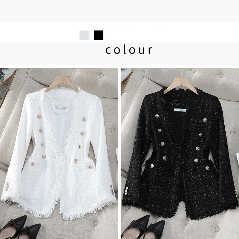 Blazer élégant d'inspiration française pour femme, col en V et boutons croisés - Veste en tweed pour le bureau et le soir_voghion.com