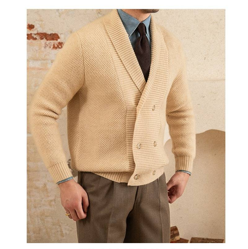 Men’s Oversized Shawl Collar Cardigan | Cozy Knit Sweater For Winter (M-3XL, Beige & Black)_voghion.com