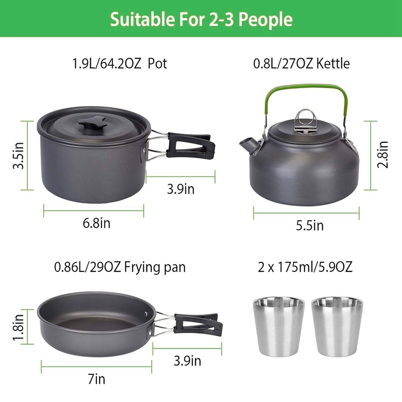 12-delige kampeerkookset, draagbare kampeerkachel, potten en pannenset, voor wandelen, picknicken in de buitenlucht met beker, vork, lepel en mes, grijs_voghion.com