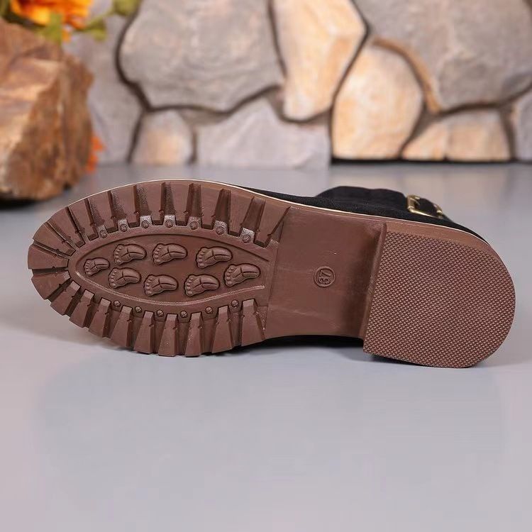 Damen-Martin-Stiefel im neuen Stil im Herbst und Winter, mit elastischem Riemen und Gürtelschnalle, runder Zehenpartie, quadratischem Absatz, Stiefeln bis zur Mitte der Wade, Damenschuhe_voghion.com