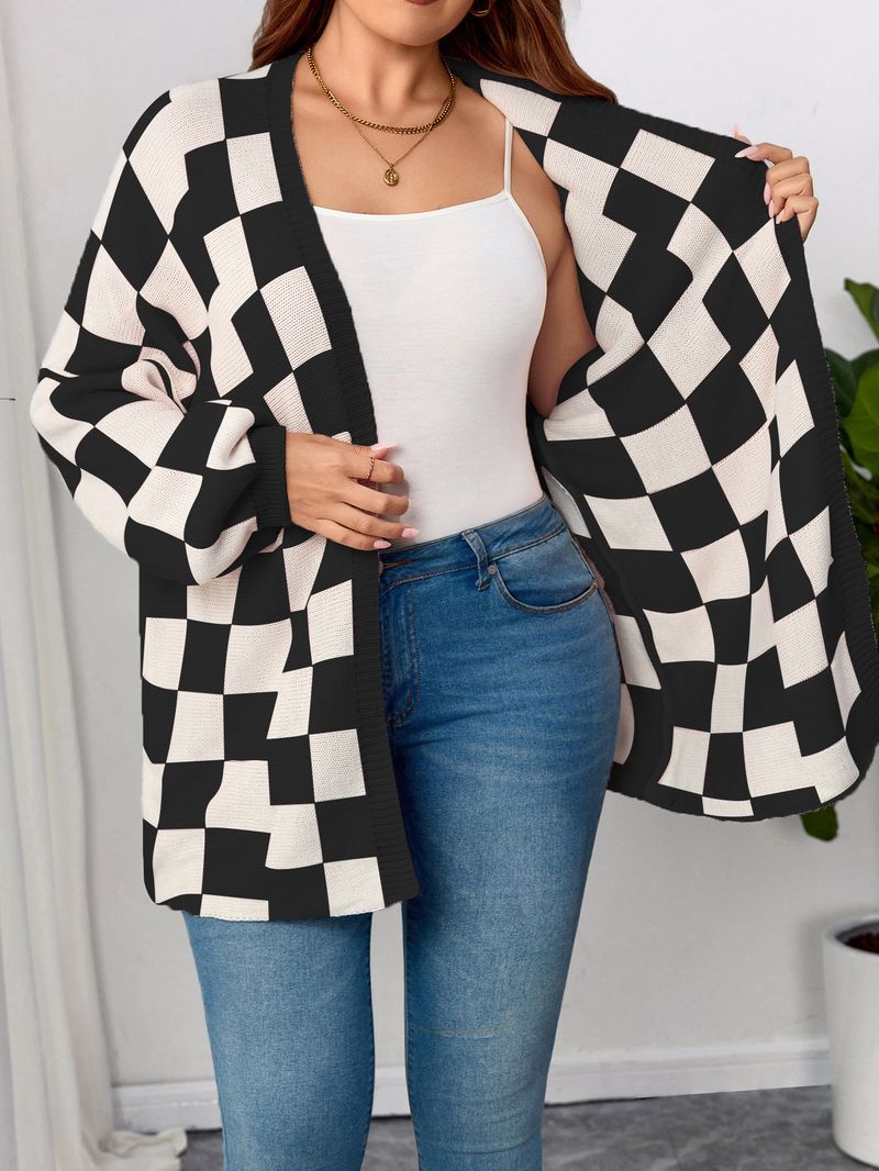 Women's Oversized Checkered Cardigan – Long Sleeve Open Front Sweater In Classic Black & Brown Plaid_voghion.com